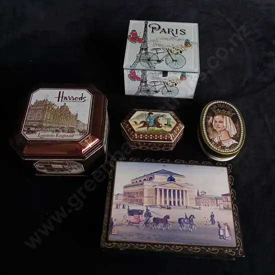 5 PIECES VINTAGE TINS AND BOXES
