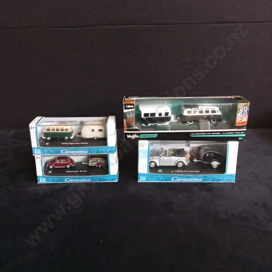 4 CARARAMA AND MAISTO DESIGN VOLKSWAGEN CARS VAN AND BUS WITH CARAVAN BOXED