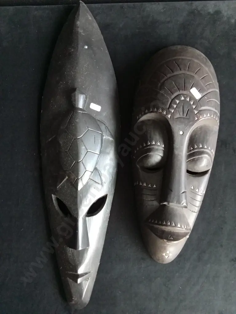 2 PIECES HAND CARVED TRIBAL WOODEN WALL MASKS Image 1++