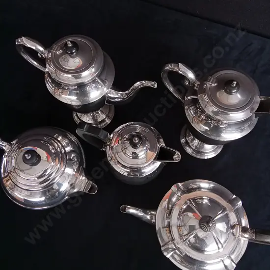 5 PIECES VINTAGE SILVER PLATED TEA AND COFFEE POTS