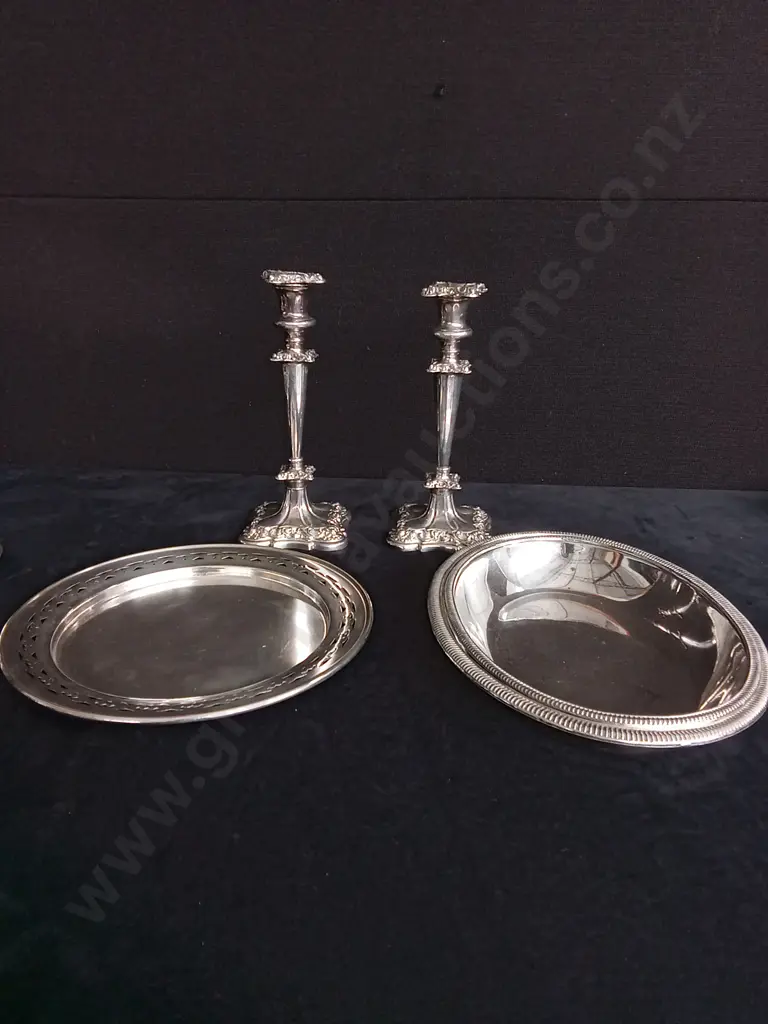 5 PIECES SILVER PLATED MIX, SERVING PLATES, CANDLESTICKS Image 1++