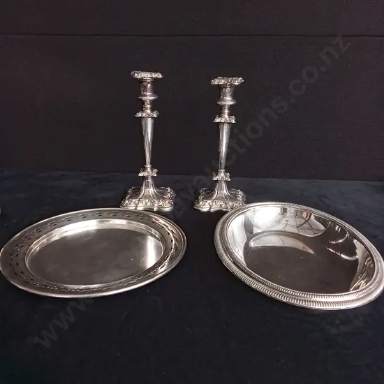 5 PIECES SILVER PLATED MIX, SERVING PLATES, CANDLESTICKS