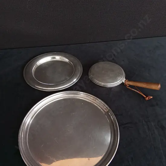 3 PIECES SILVER PLATED SERVING TRAYS AND SILENT BUTLER