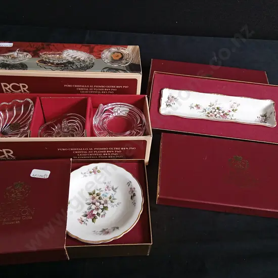 6 PIECES VINTAGE ROYAL CRYSTAL ROCK CRYSTAL GIFT SETS BOXED AND ROYAL GRAFTON DISHES