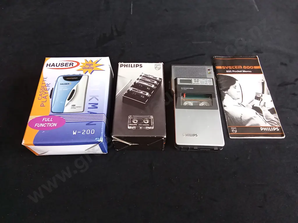 HAUSER  WALKMAN STYLE CASSETTE PLAYER AND PHILLIPS POCKET MEMO SYSTEM 800 RECORDER AND CASETTES Image 1++
