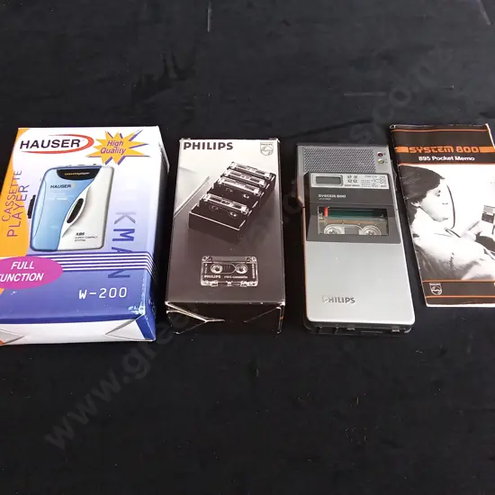 HAUSER  WALKMAN STYLE CASSETTE PLAYER AND PHILLIPS POCKET MEMO SYSTEM 800 RECORDER AND CASETTES