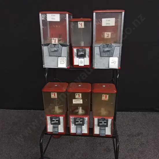 6 VENDING MACHINES ON STEEL TROLLEY INC NORTHWESTERN & SCANLENS BRANDS NO KEYS