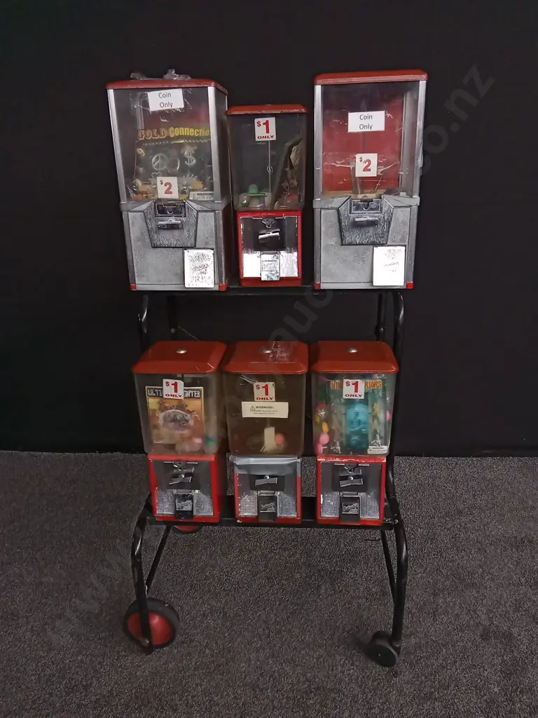 6 VENDING MACHINES ON STEEL TROLLEY ALL NORTHWESTERN BRAND ALL COMPLETE BUT NO KEYS Image 1++