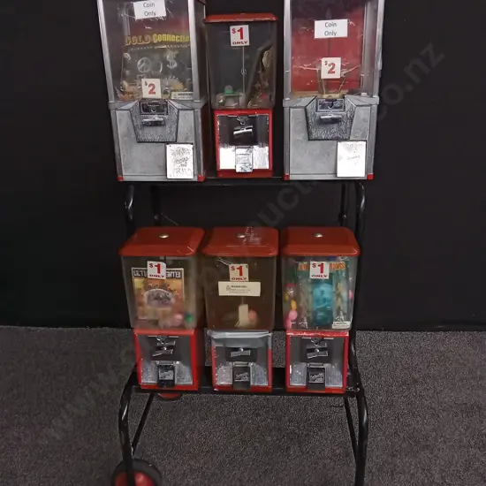 6 VENDING MACHINES ON STEEL TROLLEY ALL NORTHWESTERN BRAND ALL COMPLETE BUT NO KEYS