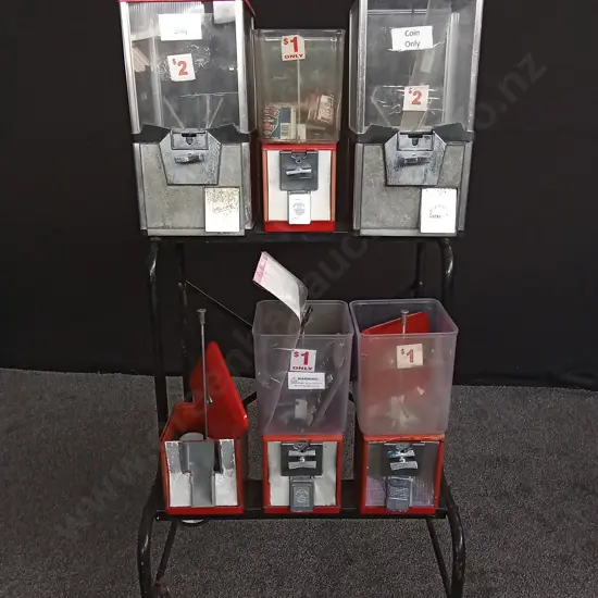 6 VENDING MACHINES ON STEEL TROLLEY IN NORTHWESTERN & SCANLENS BRANDS 4 COMPLETE BUT NO KEYS