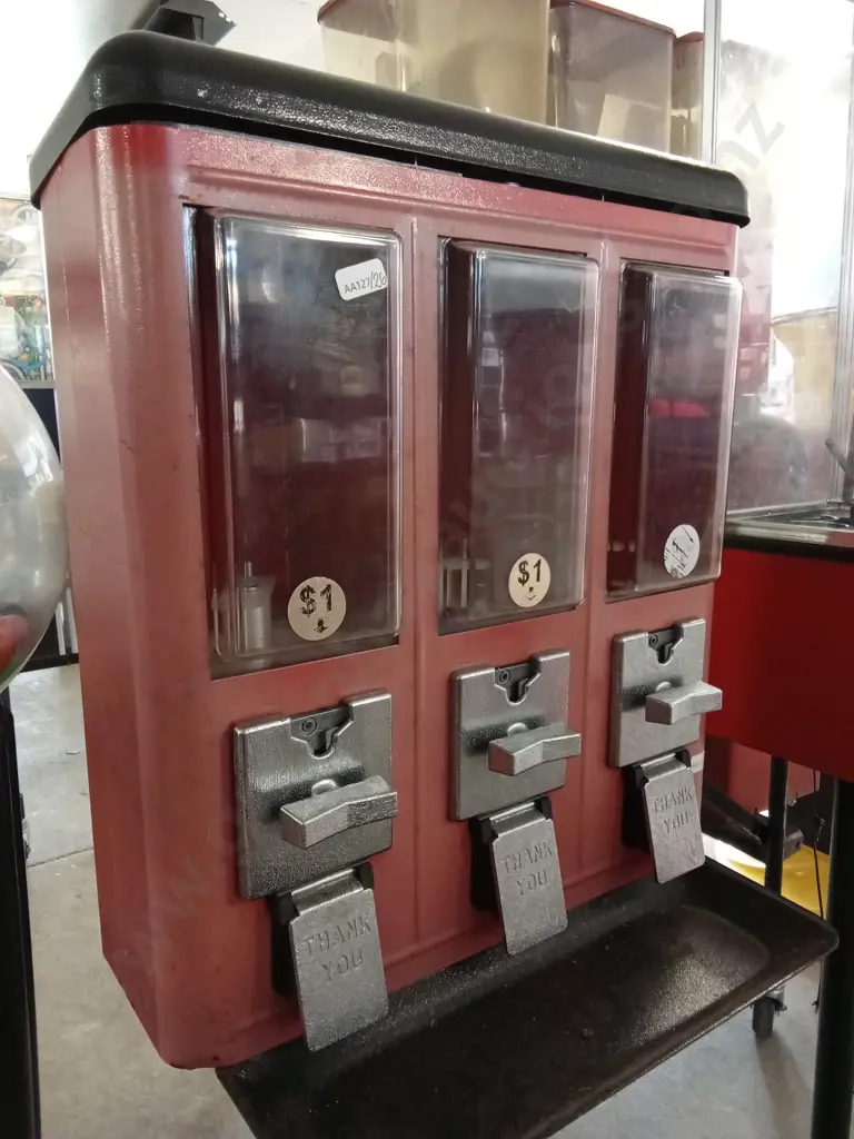 UNBRANDED 3 IN 1 TOY DISPENSER ON STEEL PEDESTAL COIN MECHANISMS BUT NO KEYS Image 1++