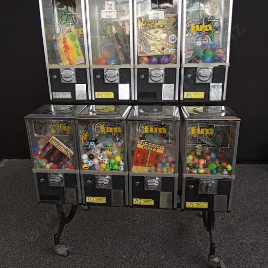 CREATIVE PRODUCTS TOY VENDING MACHINE SET - 8 MACHINES ON TROLLEY FRONT PERSPEX DAMAGED ON 7 OF THEM