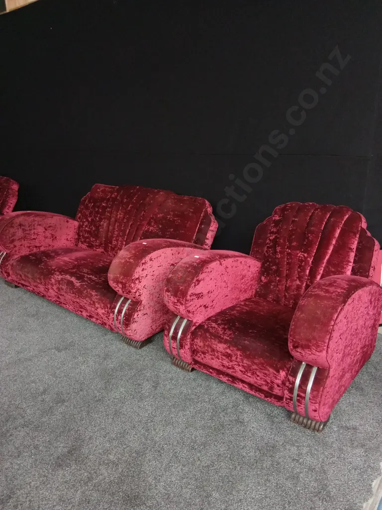 3 PIECES COUCH SET ART DECO STYLE RED VELVET, SOFA 170CM LONG X 100 DEEP X 780CM BACK HEIGHT, CHAIRS 85CM W X 100CM DEEP Image 1++