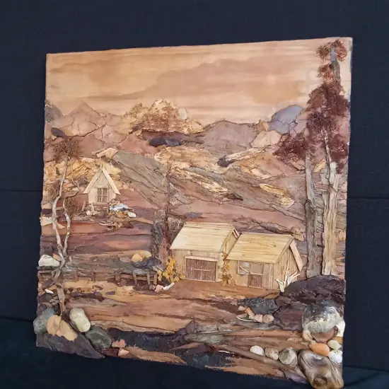 WOODEN MIXED MEDIA LANDSCAPE SCENE ARTWORK