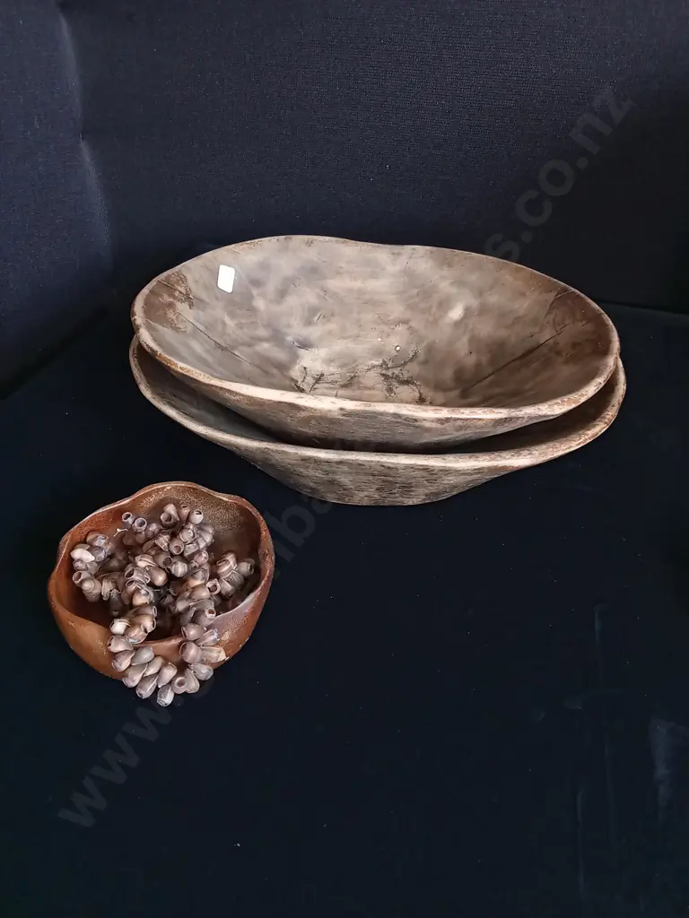 4 PIECES WOODEN BOWLS AND SPIRAL SHELLS Image 1++