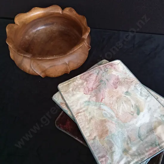 HAND CARVED WOODEN SALAD BOWL AND PLACE MATS