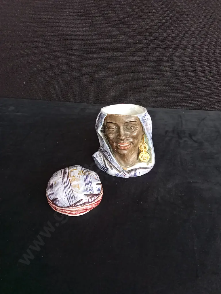 3 PIECES VINTAGE DECORATIVE POTTERY, INCLUDING TOBACCO JAR Image 1++