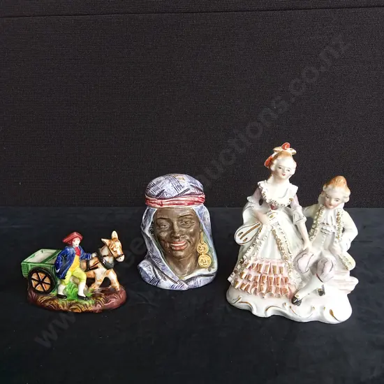 3 PIECES VINTAGE DECORATIVE POTTERY, INCLUDING TOBACCO JAR