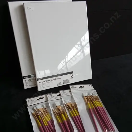 6 PIECES BRAND NEW CANVASES AND PAINT BRUSHES