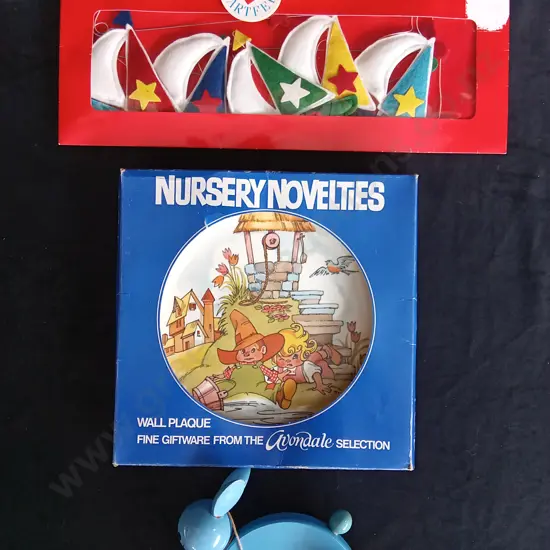 3 PIECES VINTAGE NURSERY DECOR AND WOODEN TOY