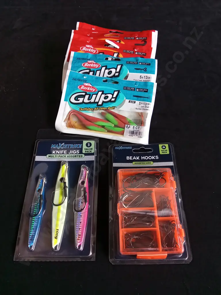 7 PIECES FISHING EQUIPMENT, BAIT, HOOKS, KNIFE JIGS Image 1++