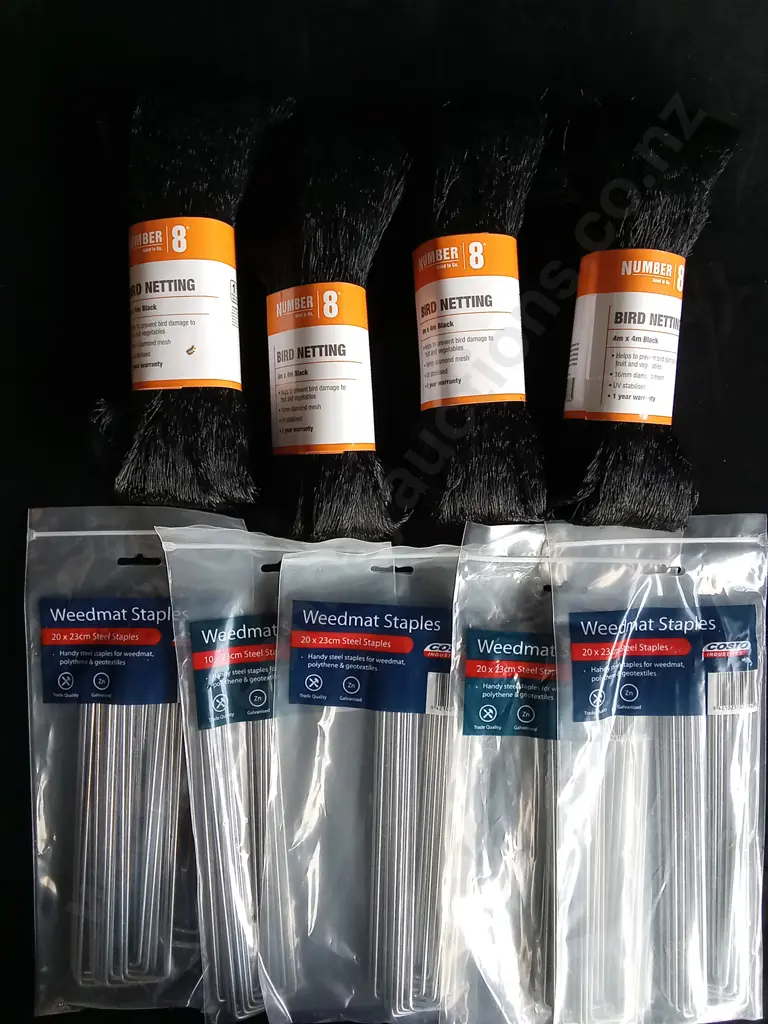 9 PIECES BRAND NEW BIRD NETTING AND WEEDMAT STAPLES Image 1++
