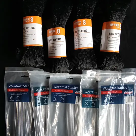 9 PIECES BRAND NEW BIRD NETTING AND WEEDMAT STAPLES
