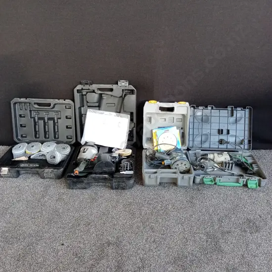 ECKO HAMMAHAND PNEUMATIC WEATHER BOARD NAILER, RYOBI RANDOM ORBITAL SANDER HITACHI CORDED DRILL AND BOX NAIL COILS