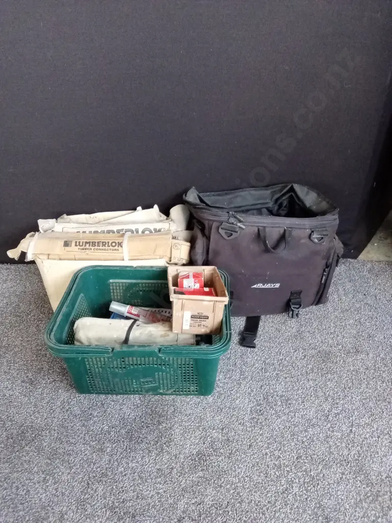 RJAYS BAG BOX OF LUMBERLOCK TIMBER CONNECTORS AND BASKET OF HAND TOOLS Image 1++