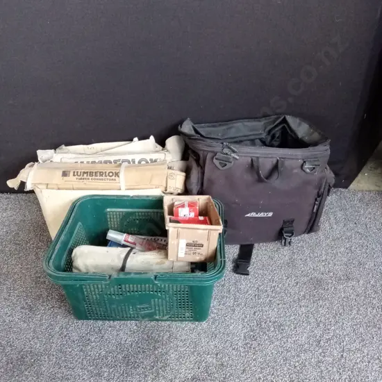 RJAYS BAG BOX OF LUMBERLOCK TIMBER CONNECTORS AND BASKET OF HAND TOOLS