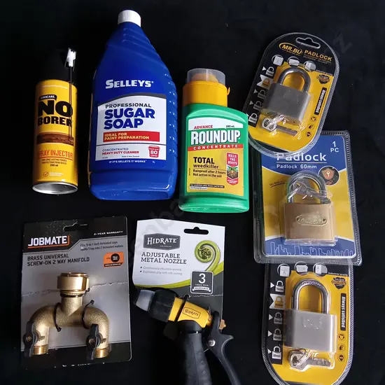 8 PIECES HARDWARE AND CLEANING PRODUCTS, BRAND NEW