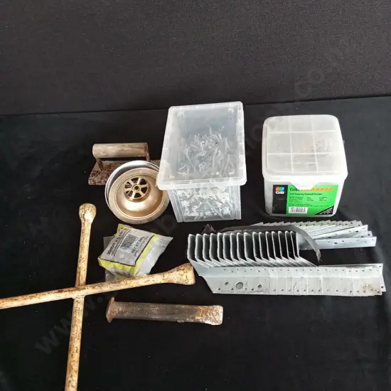 BUCKET CONTAINING BOX OF SCREWS X 2 JOIST HANGERS AND HAND TOOLS
