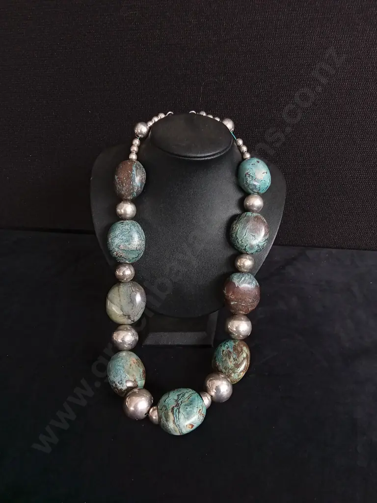 POLISHED TURQUOISE STONES AND SILVER NECKLACE ORIGINALLY PURCHASED FROM BROWNS JEWELLER REMUERA Image 1++