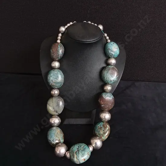 POLISHED TURQUOISE STONES AND SILVER NECKLACE ORIGINALLY PURCHASED FROM BROWNS JEWELLER REMUERA