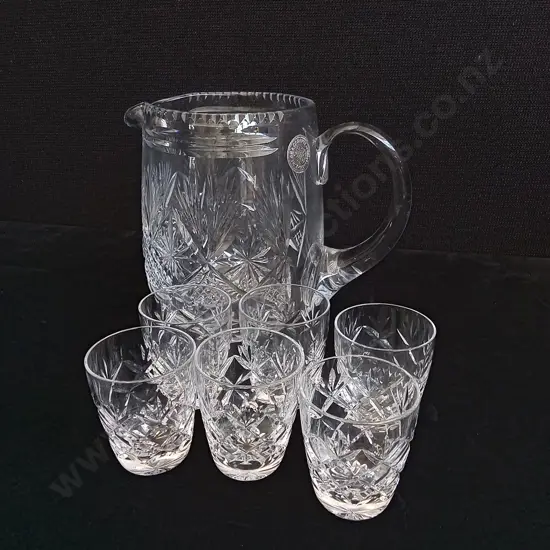 7 PIECES OF WEBB CORBETT CRYSTAL PITCHER AND GLASSES