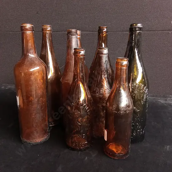 10 VINTAGE AMBER GLASS BOTTLES