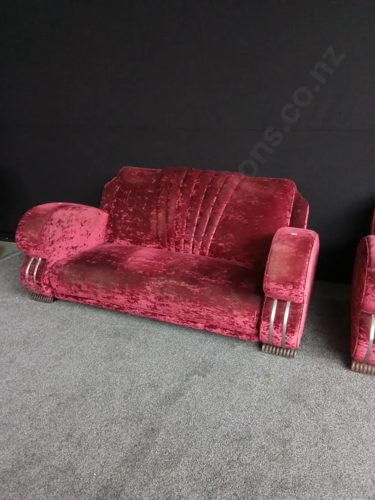 3 PIECES COUCH SET ART DECO STYLE RED VELVET, SOFA 170CM LONG X 100 DEEP X 780CM BACK HEIGHT, CHAIRS 85CM W X 100CM DEEP Image 1++