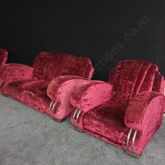 3 PIECES COUCH SET ART DECO STYLE RED VELVET, SOFA 170CM LONG X 100 DEEP X 780CM BACK HEIGHT, CHAIRS 85CM W X 100CM DEEP