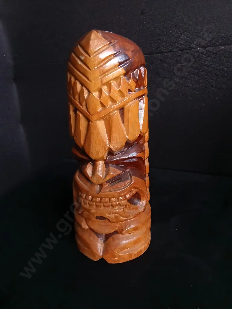 3 PIECES WOODEN HAND CARVED HAWAII AND TIKI STATUES TALLEST H 32CM Image 1++