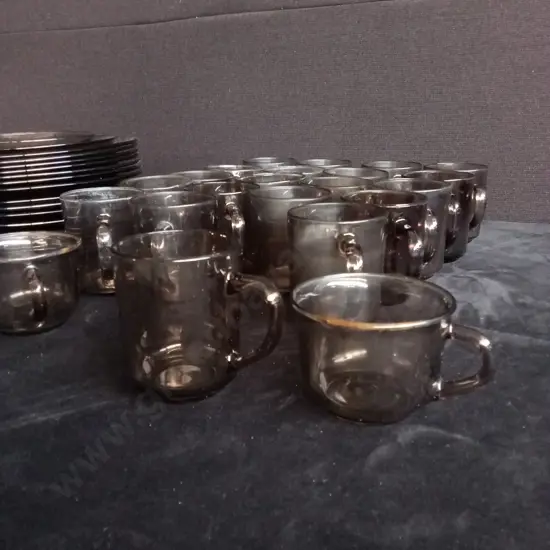43 PIECES VINTAGE ARCOROC SMOKE TINTED GLASS MUGS AND PLATES