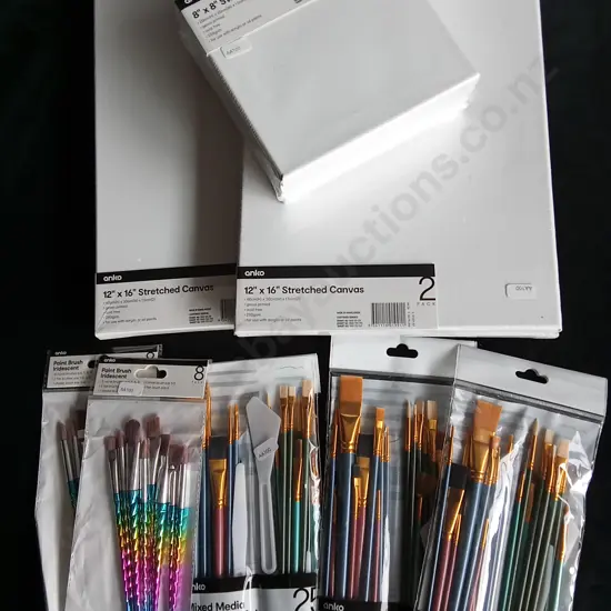 8 PIECES BRAND NEW PAINTBRUSHES AND CANVASES