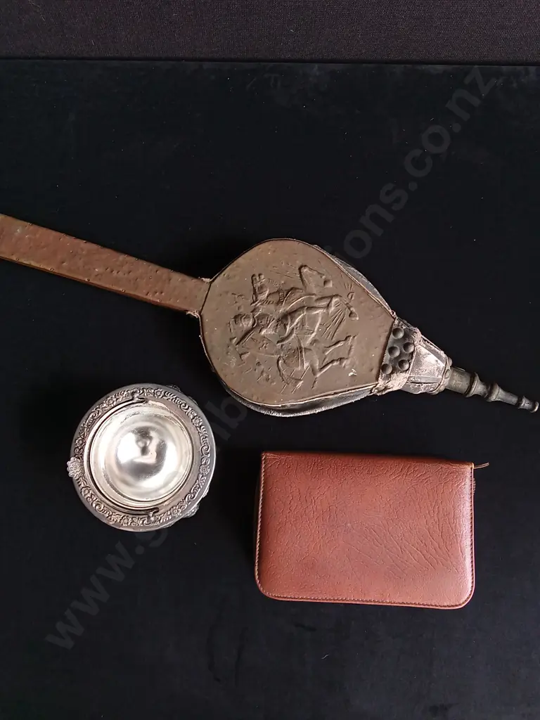 3 PIECES MIX OF VINTAGE ITEMS INCLUDING FIREPLACE BELLOWS, LEATHER CASED GROOMING KIT AND SILVER PLATED COVERED DISH Image 1++