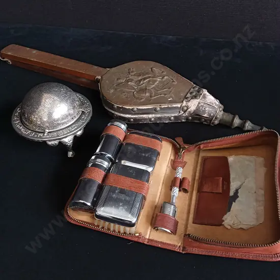 3 PIECES MIX OF VINTAGE ITEMS INCLUDING FIREPLACE BELLOWS, LEATHER CASED GROOMING KIT AND SILVER PLATED COVERED DISH