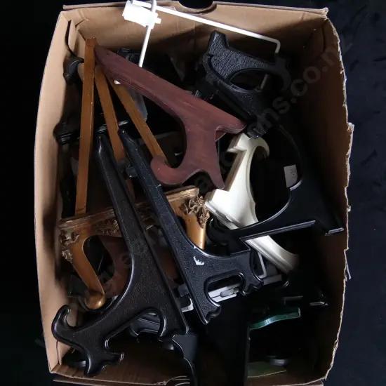 BOX OF PLATE STANDS