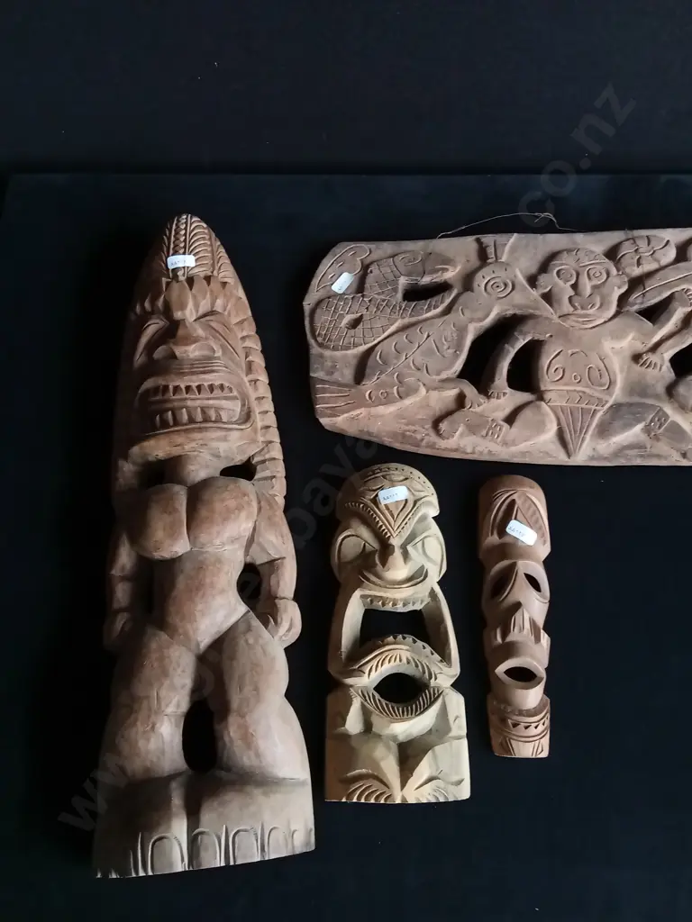4 PIECES DECORATIVE TRADITIONAL WOOD CARVED MASKS AND FIGURES Image 1++