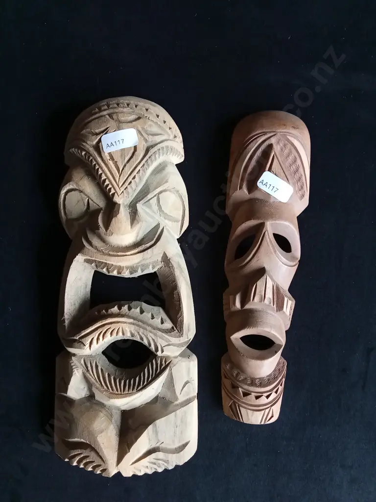 4 PIECES DECORATIVE TRADITIONAL WOOD CARVED MASKS AND FIGURES Image 1++