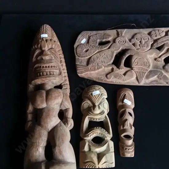 4 PIECES DECORATIVE TRADITIONAL WOOD CARVED MASKS AND FIGURES