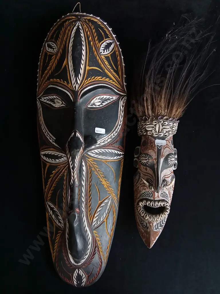 2 PIECES HAND CARVED TRIBAL WOODEN WALL MASKS Image 1++