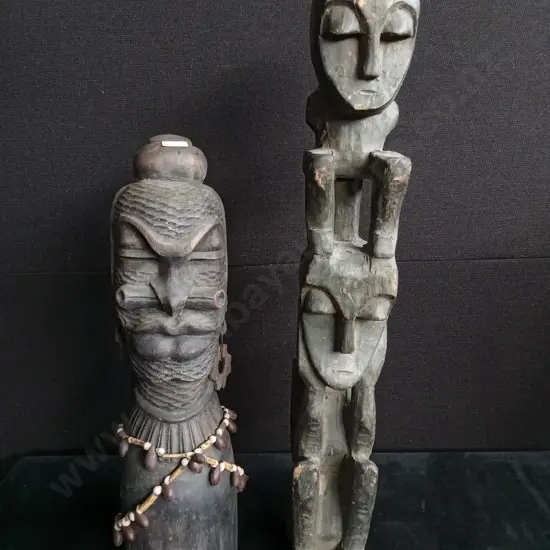 2 PIECES HAND CARVED WOODEN STATUES TALLEST H 65CM