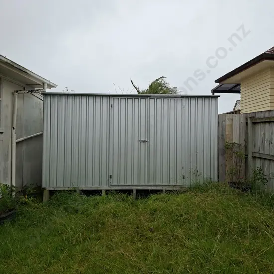 SHED #1: 3.9M X 3.1M GALVANISED PITCHED ROOF SHED WITH 2 SETS OF DOUBLE DOORS AND CLEAR LIGHT PANELS